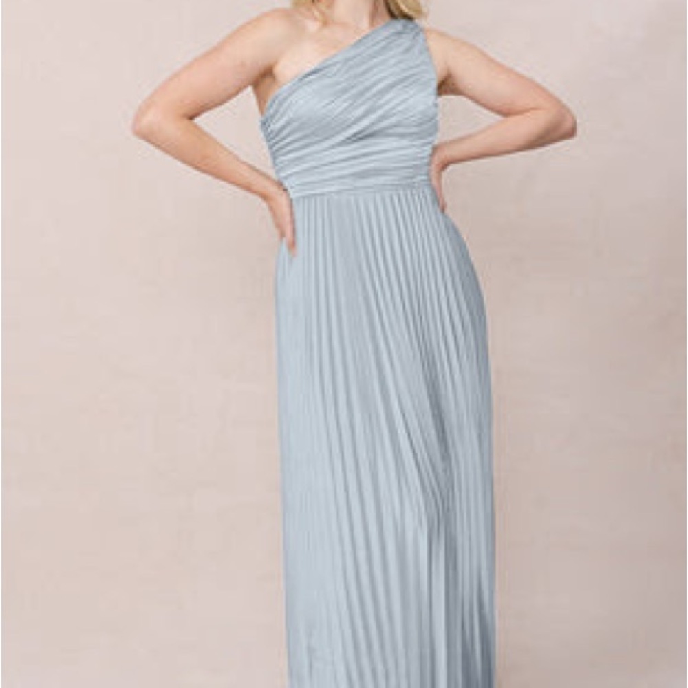 Revelry One-Shoulder Light Blue Pleated Dress